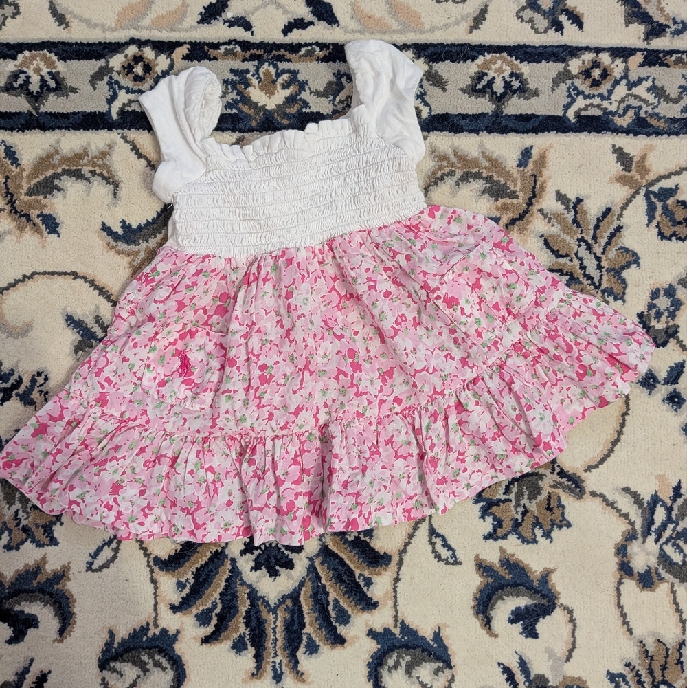 Ralph Lauren White Smocked Baby Dress with Pink Floral Skirt